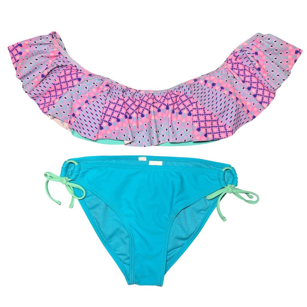 Island Soul Tropical Print Off the Shoulder Ruffle Top Bikini Set Size M